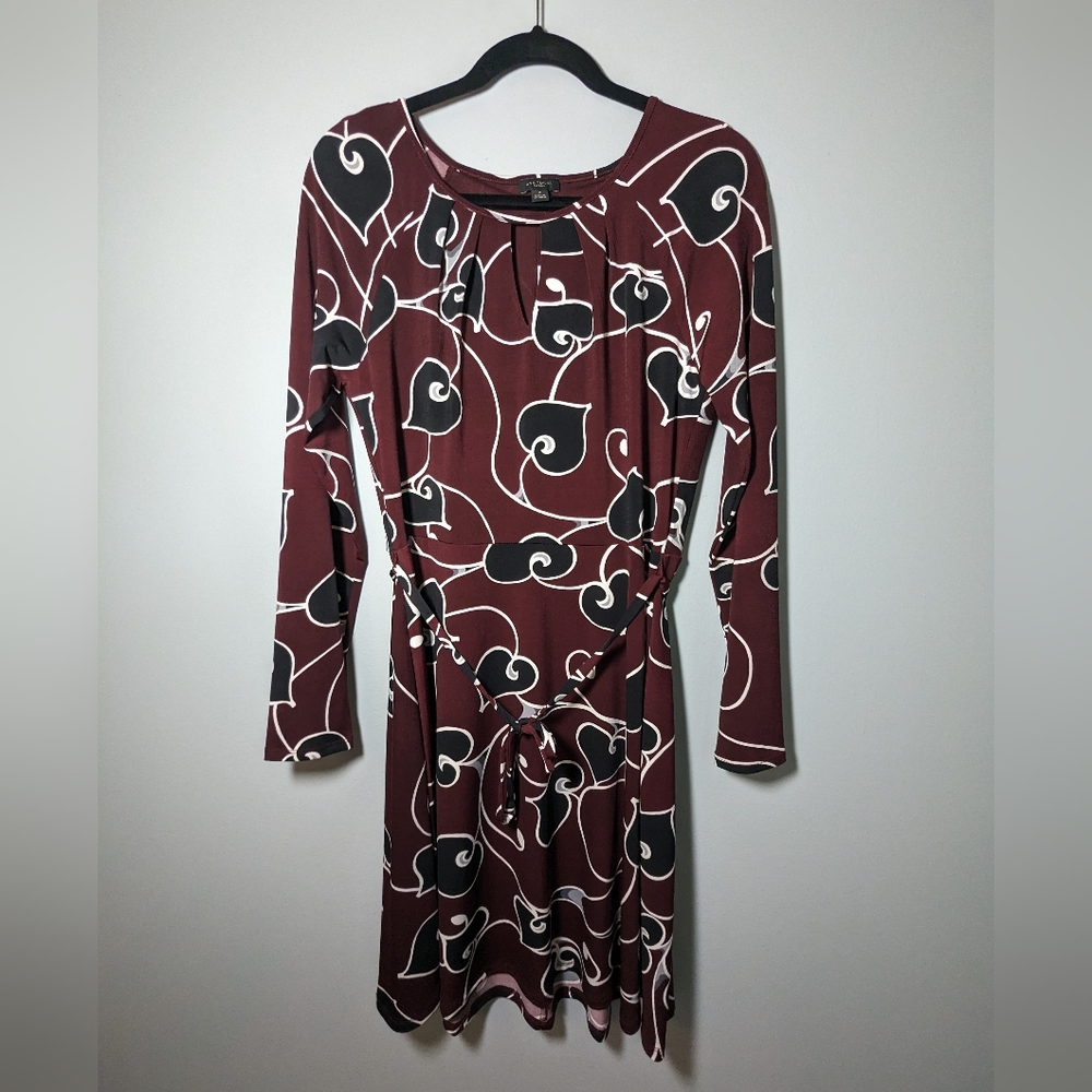 Ann Taylor Factory Key Hole Long Sleeve Purple Black Gray Print Dress Size Med